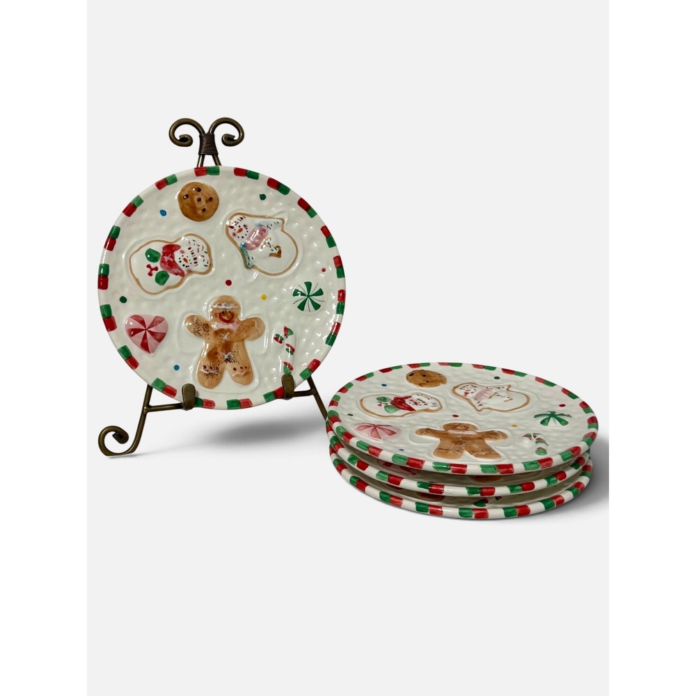 Set of 4 Christmas Cookie Ceramic 7.5" Dessert Plates Gingerbread Holiday Decor
